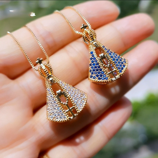 Colar Nossa Senhora Aparecida - Cravejado em Zircônias - Designe Duplo - Azul e Branco