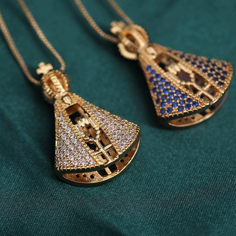 Colar Nossa Senhora Aparecida - Cravejado em Zircônias - Designe Duplo - Azul e Branco